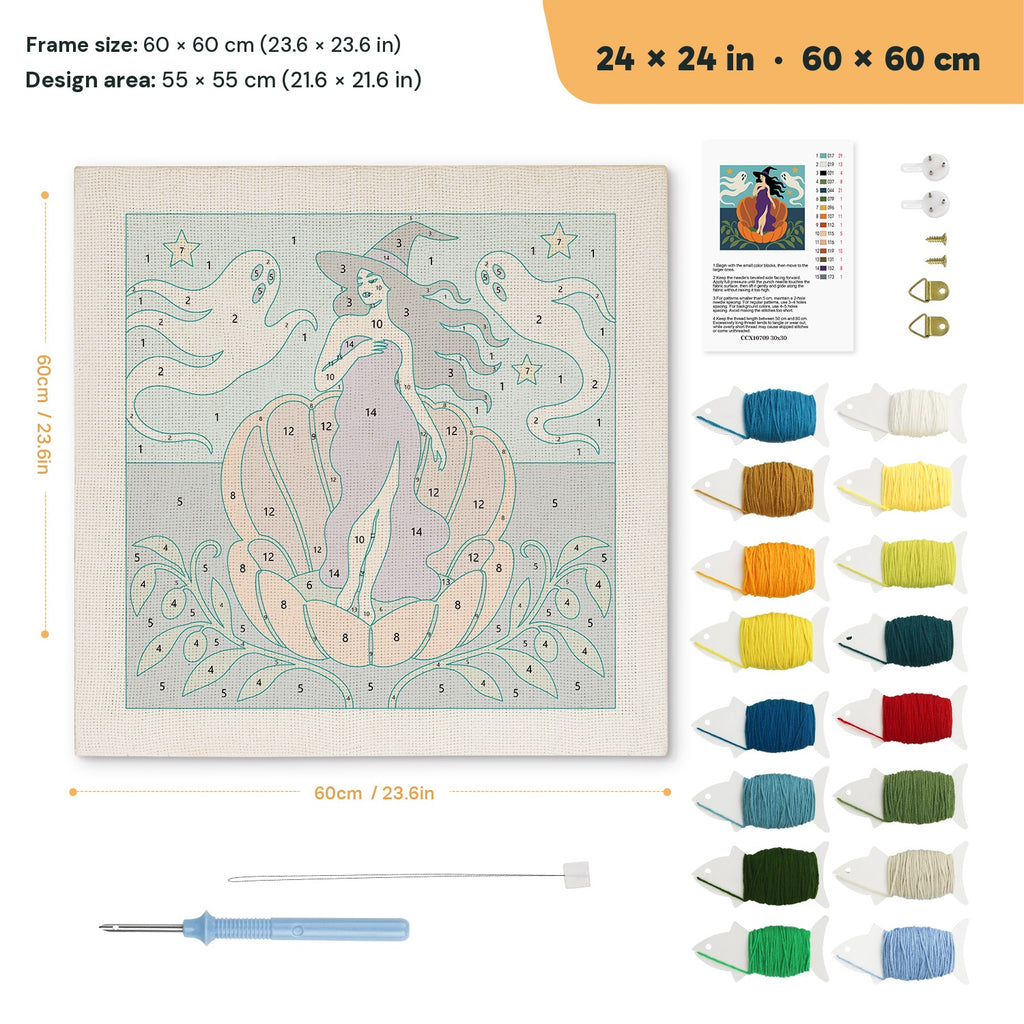 Witch on a Pumpkin Shell punch needle kit, 24 × 24 in (60 × 60 cm): canvas size and kit contents