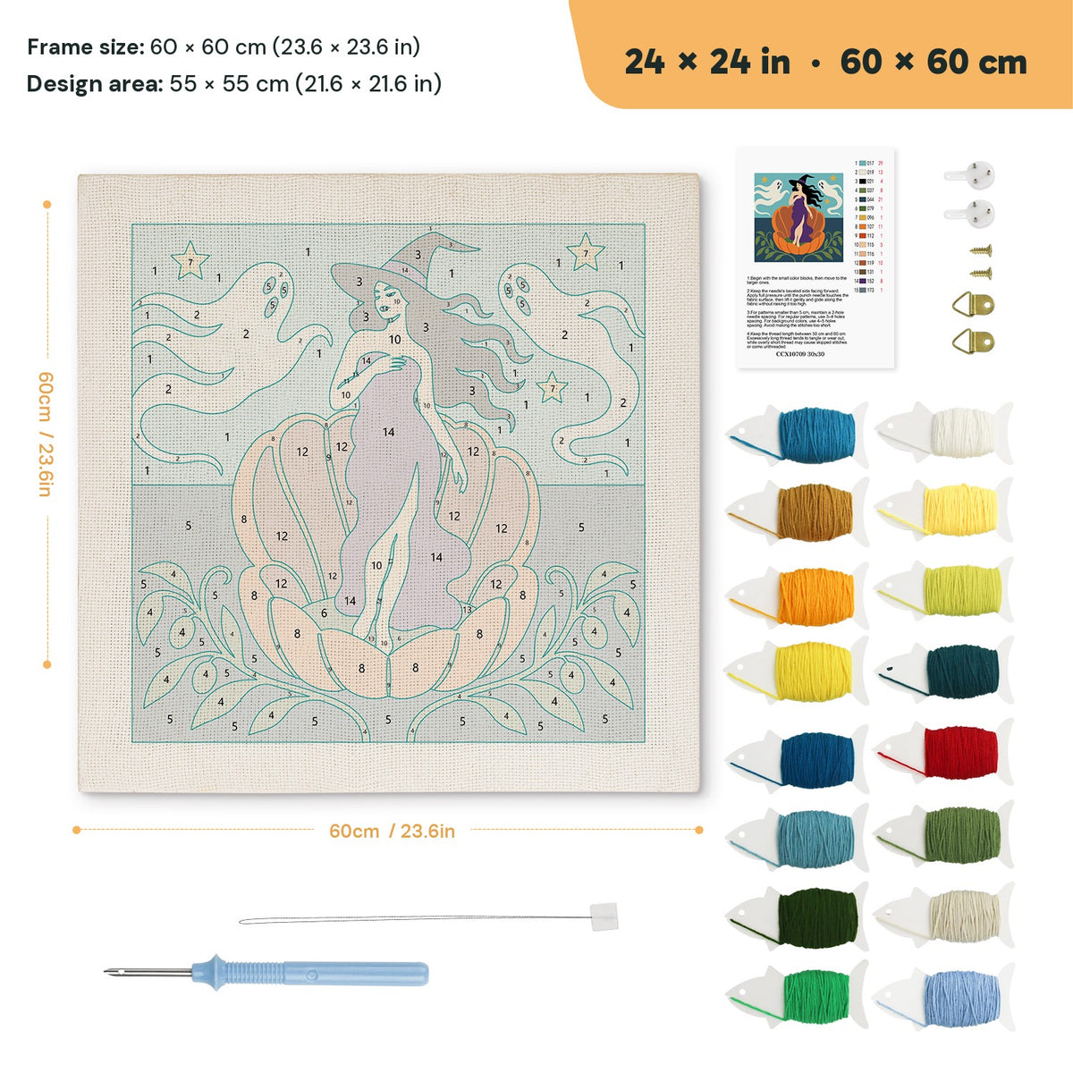 Witch on a Pumpkin Shell punch needle kit, 24 × 24 in (60 × 60 cm): canvas size and kit contents