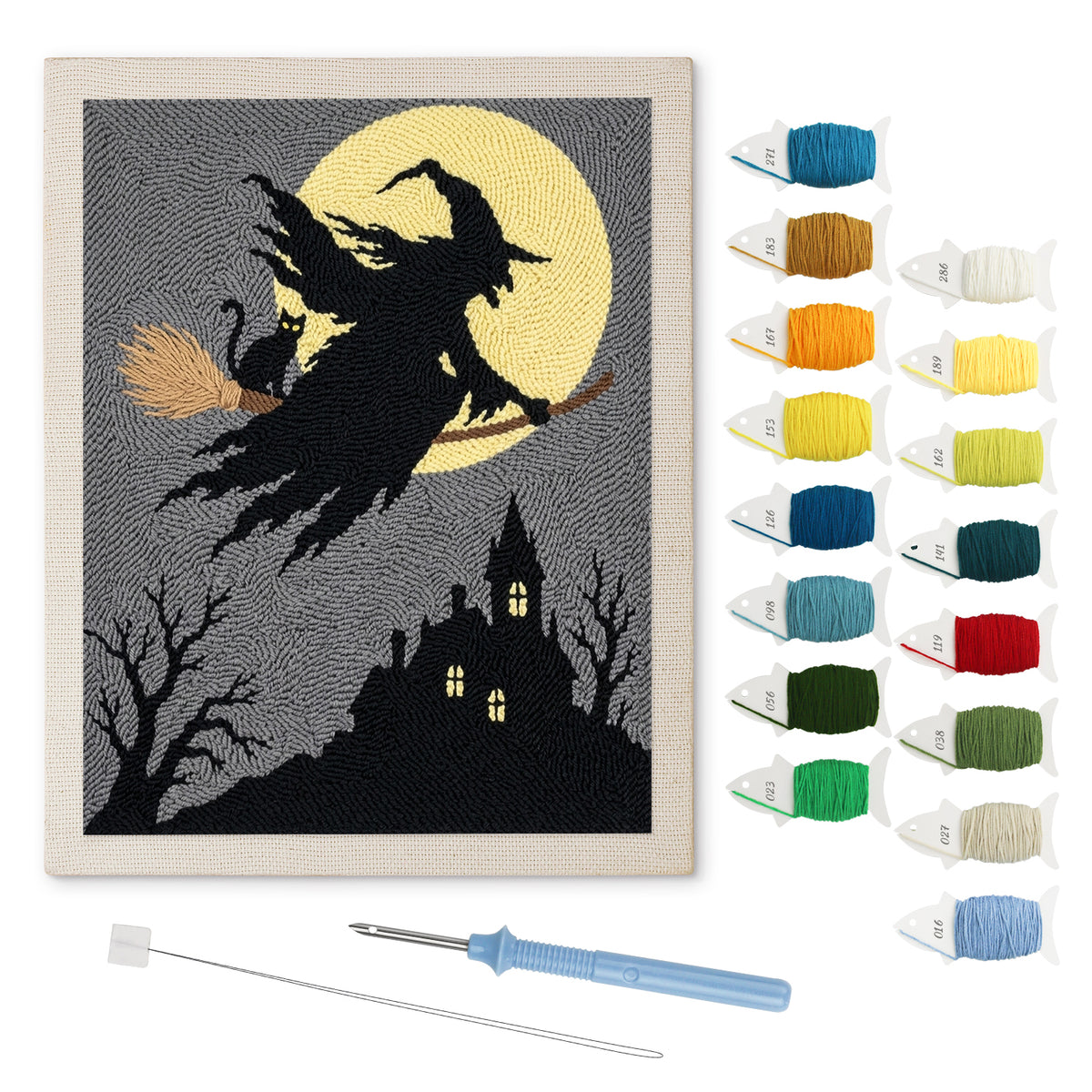 Witch Over the Village punch needle kit: finished canvas with threads, punch needle and threader