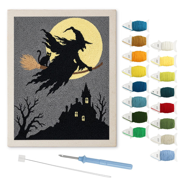Witch Over the Village punch needle kit: finished canvas with threads, punch needle and threader