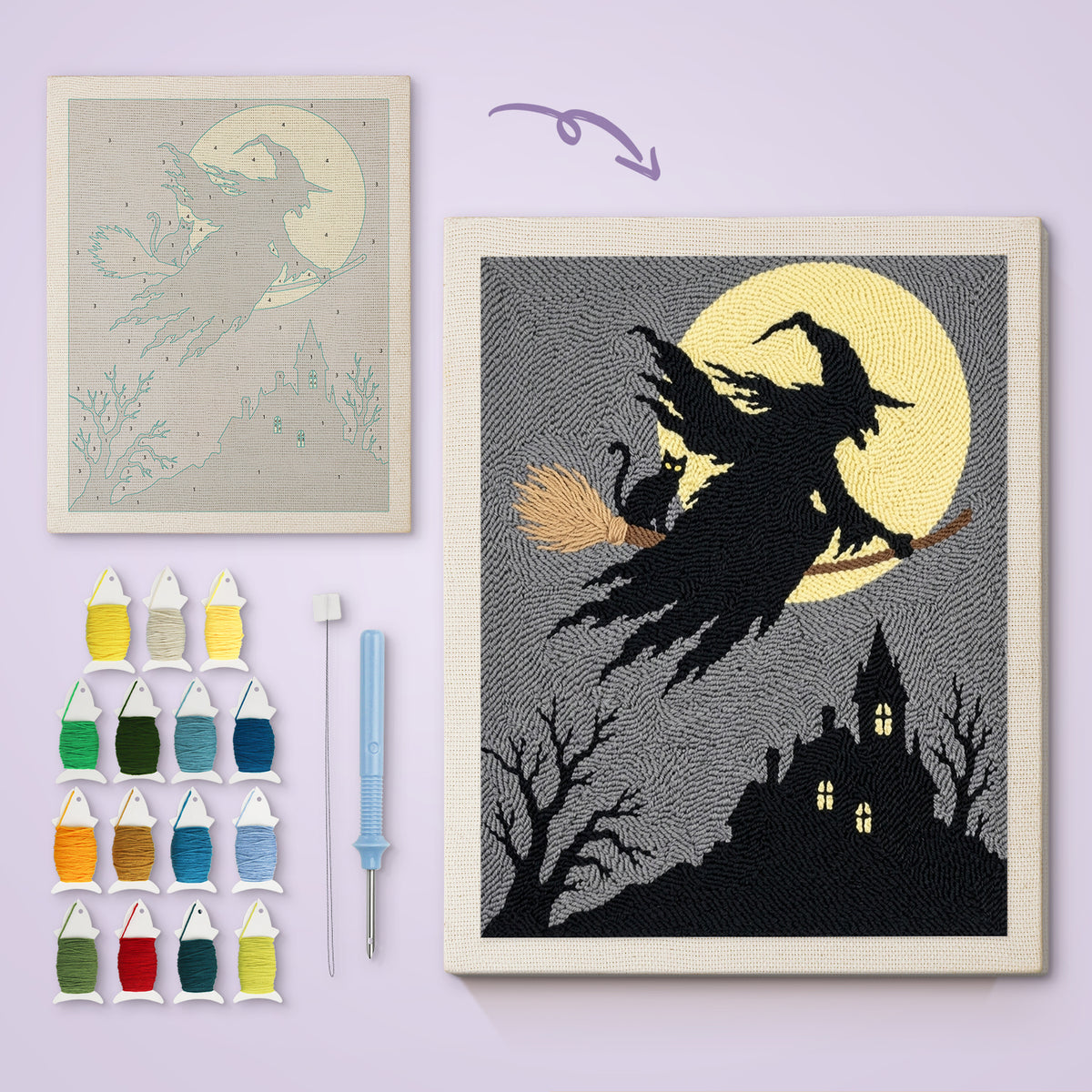 Witch Over the Village canvas before and after punching, with the threads and tools
