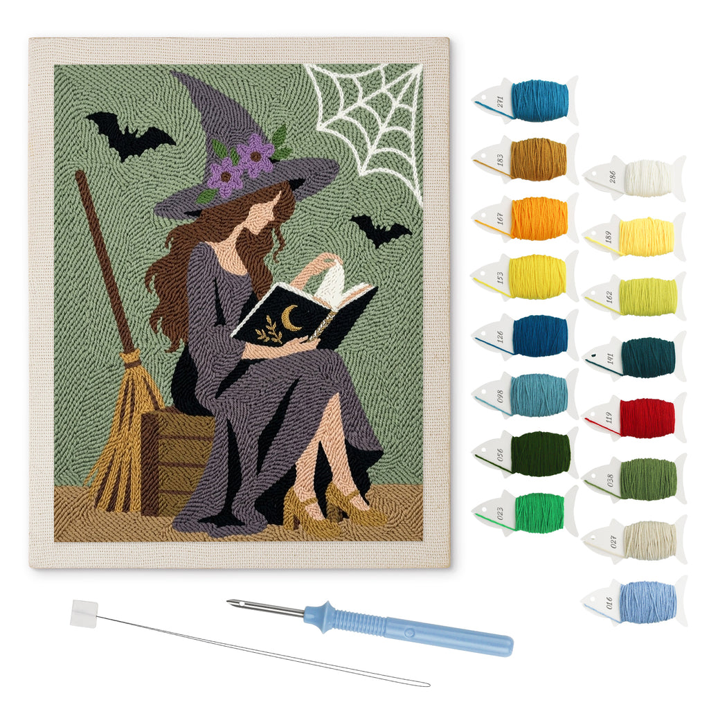 Witch Reading Outdoors punch needle kit: finished canvas with threads, punch needle and threader