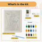What is in the Witch Reading Outdoors kit: printed canvas, punch needle, threader, threads, color guide and hangers