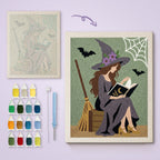 Witch Reading Outdoors canvas before and after punching, with the threads and tools