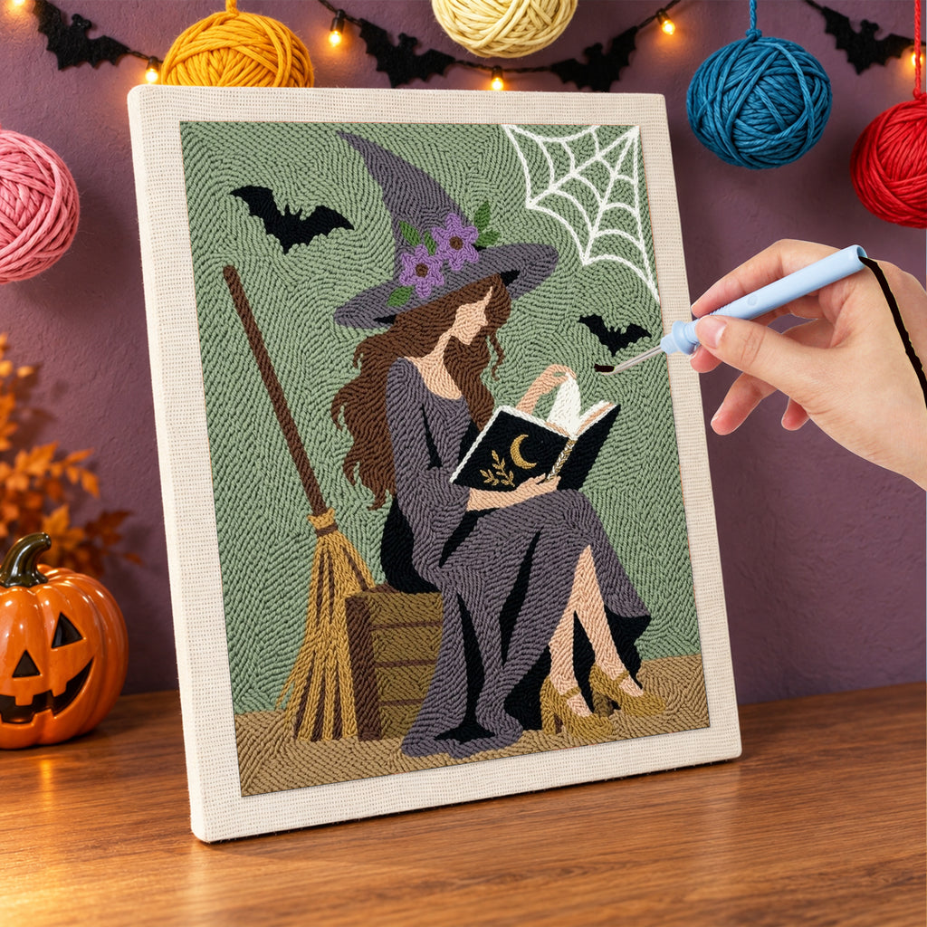 Punching the Witch Reading Outdoors design with the punch needle
