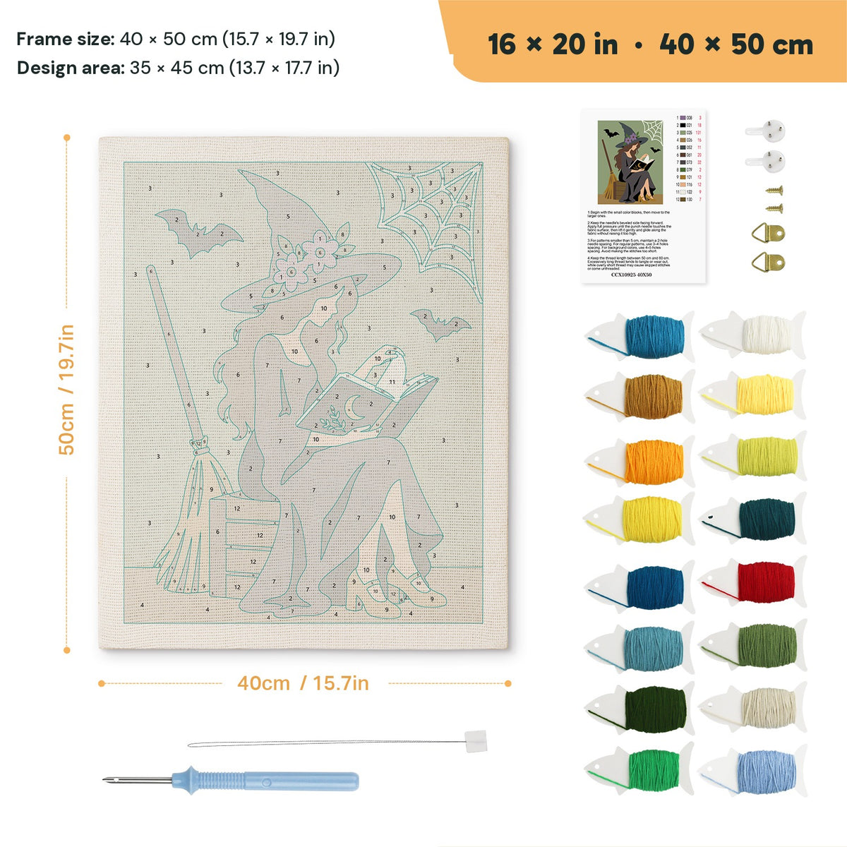 Witch Reading Outdoors punch needle kit, 16 × 20 in (40 × 50 cm): canvas size and kit contents