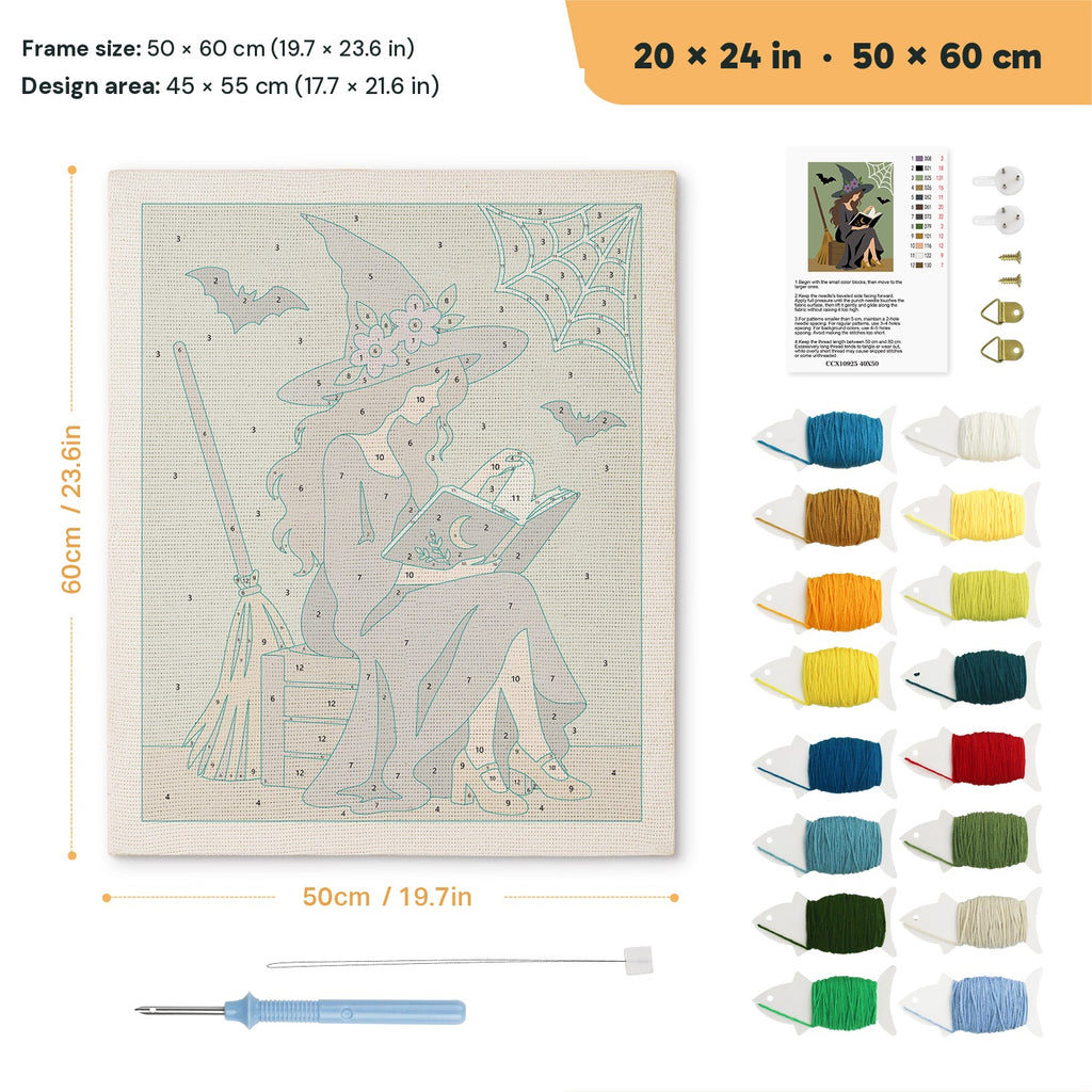 Witch Reading Outdoors punch needle kit, 20 × 24 in (50 × 60 cm): canvas size and kit contents