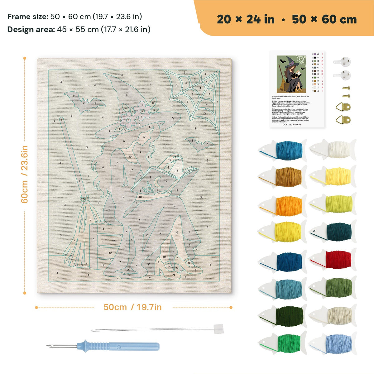 Witch Reading Outdoors punch needle kit, 20 × 24 in (50 × 60 cm): canvas size and kit contents