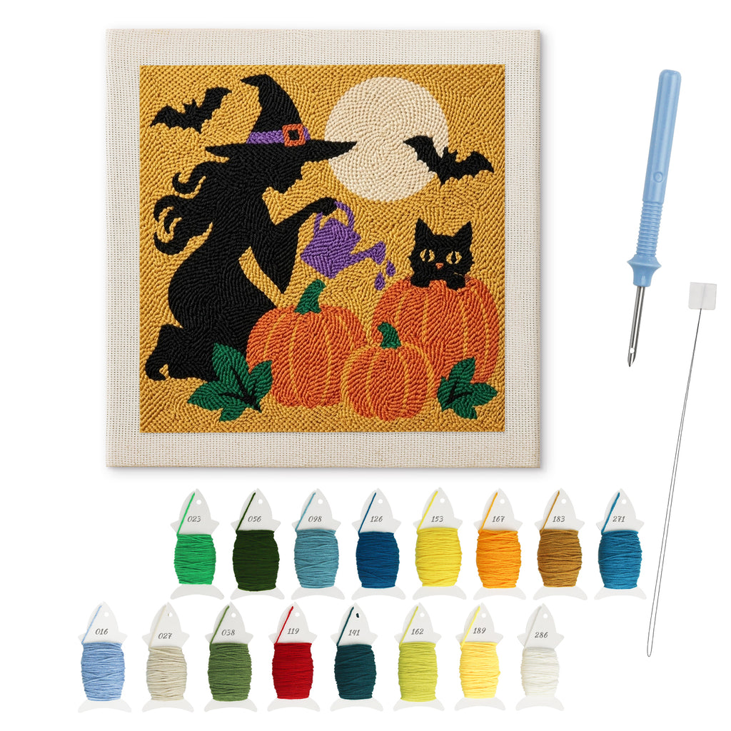 Witch Watering Pumpkins punch needle kit: finished canvas with threads, punch needle and threader