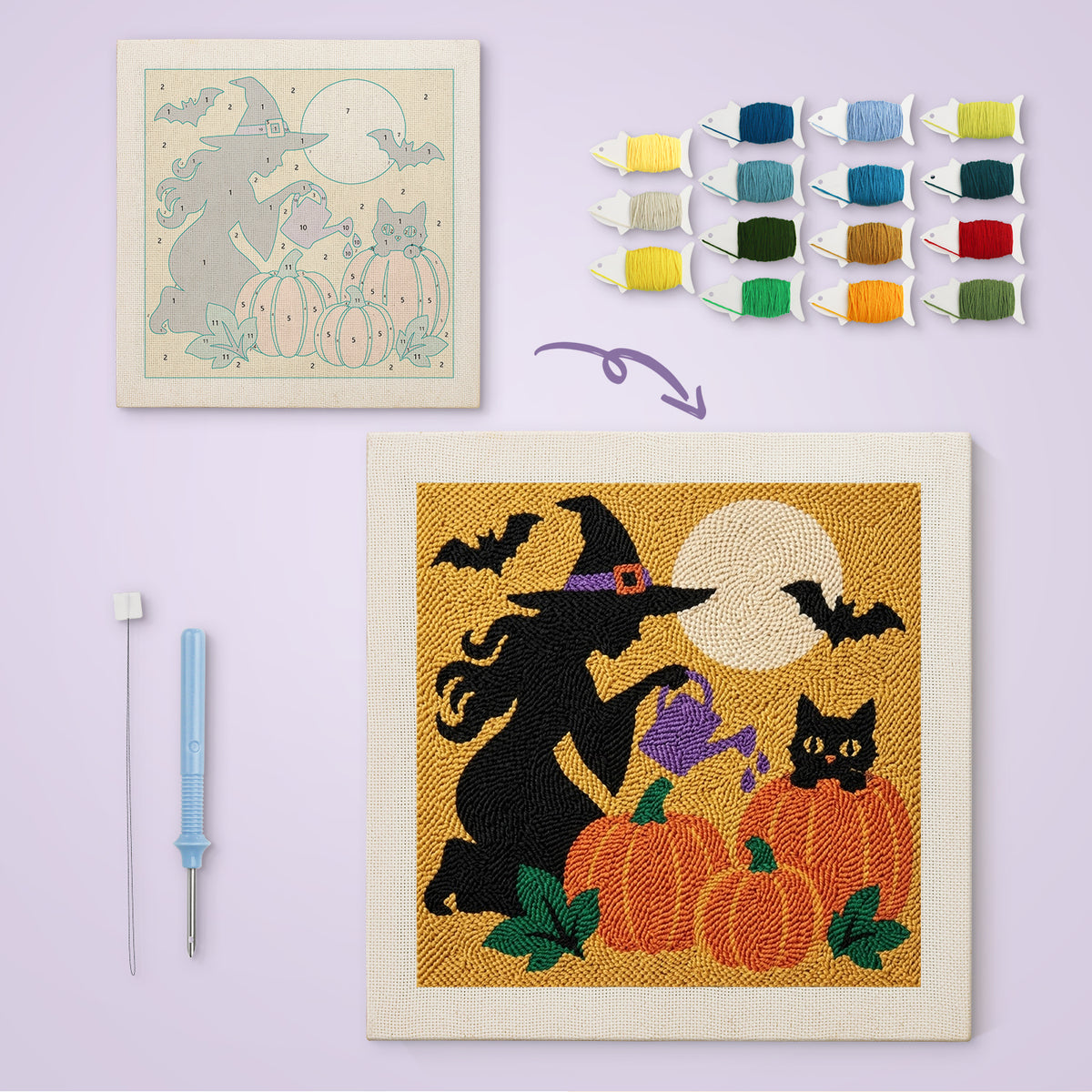 Witch Watering Pumpkins canvas before and after punching, with the threads and tools