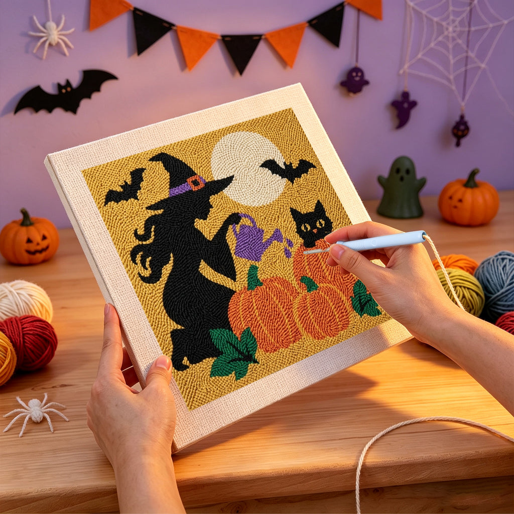 Punching the Witch Watering Pumpkins design with the punch needle