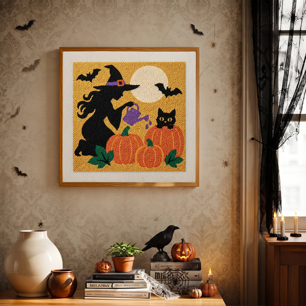 Finished Witch Watering Pumpkins punch needle canvas on a wall