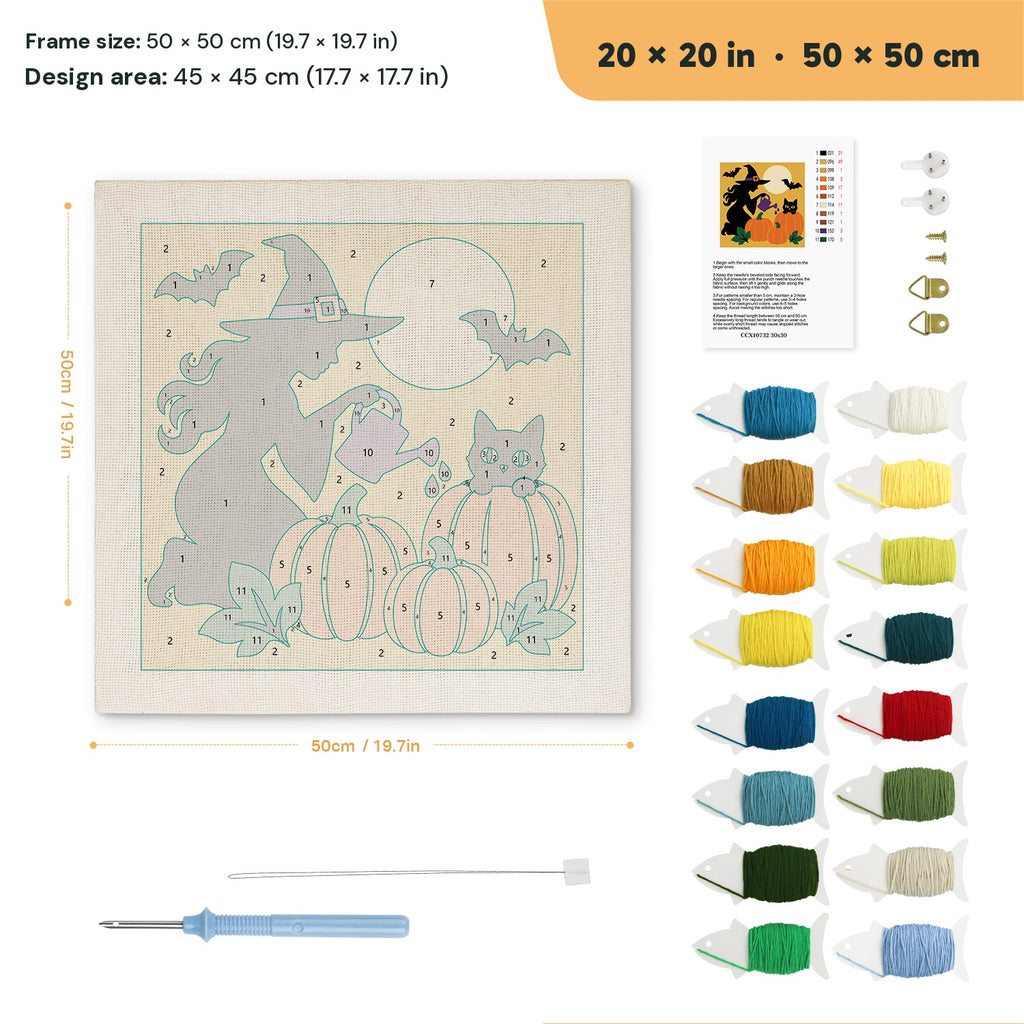 Witch Watering Pumpkins punch needle kit, 20 × 20 in (50 × 50 cm): canvas size and kit contents
