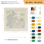 Witch Watering Pumpkins punch needle kit, 20 × 20 in (50 × 50 cm): canvas size and kit contents