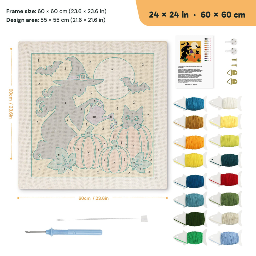Witch Watering Pumpkins punch needle kit, 24 × 24 in (60 × 60 cm): canvas size and kit contents