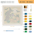 Witch Watering Pumpkins punch needle kit, 24 × 24 in (60 × 60 cm): canvas size and kit contents