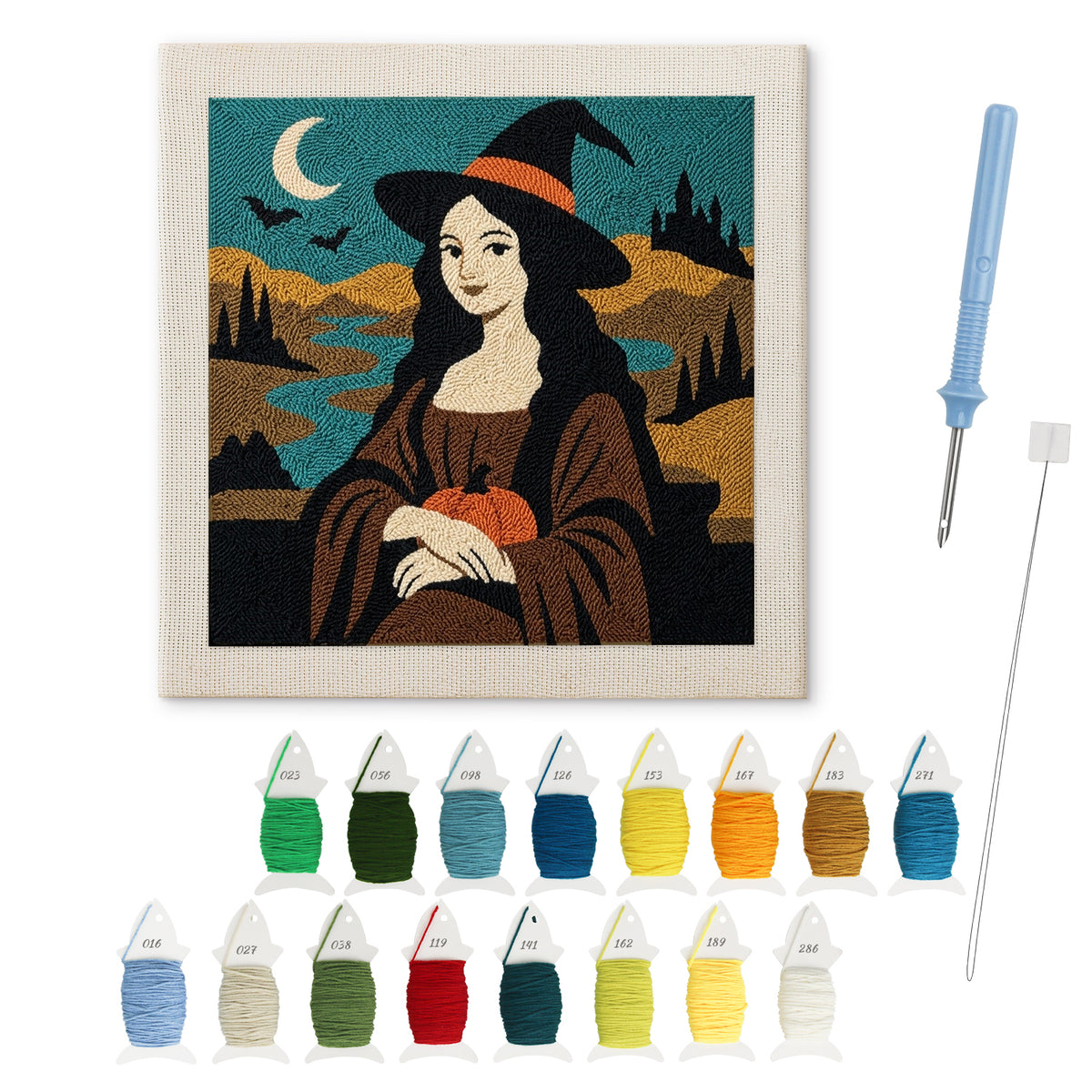Witch with a Half Smile punch needle kit: finished canvas with threads, punch needle and threader