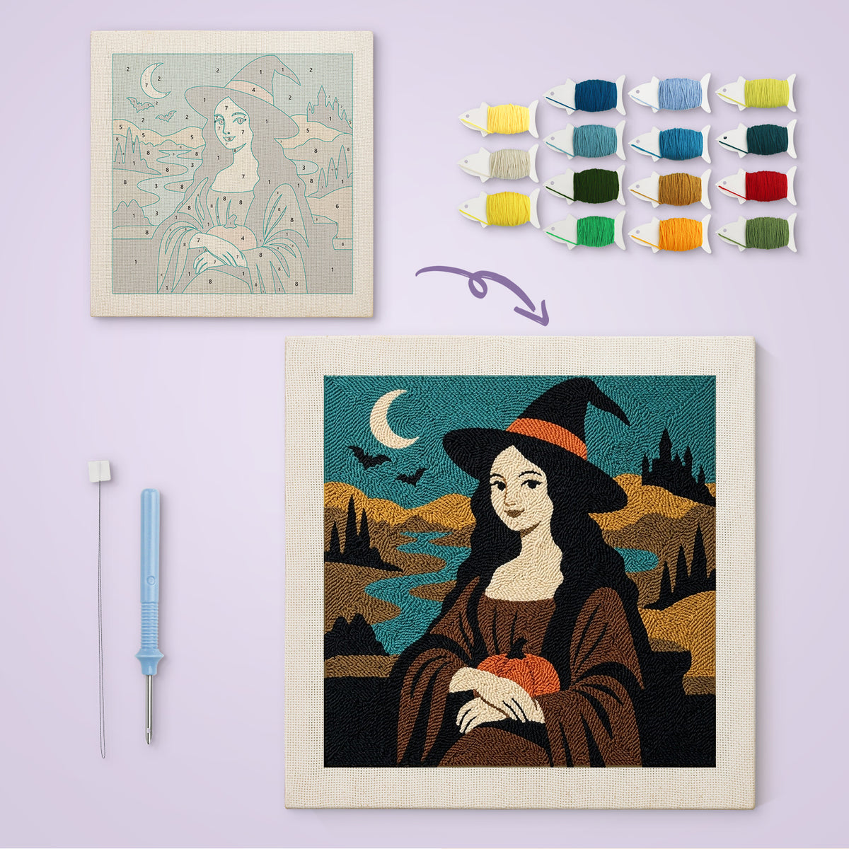 Witch with a Half Smile canvas before and after punching, with the threads and tools
