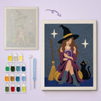 Witch with a Spell Book canvas before and after punching, with the threads and tools