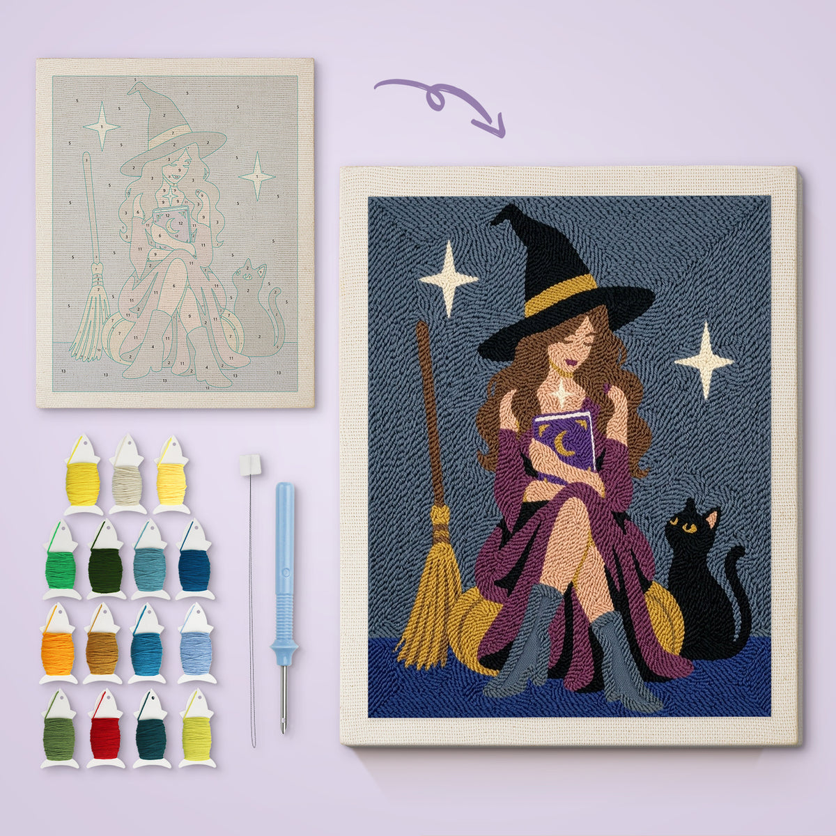 Witch with a Spell Book canvas before and after punching, with the threads and tools