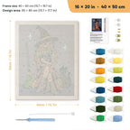 Witch with a Spell Book punch needle kit, 16 × 20 in (40 × 50 cm): canvas size and kit contents