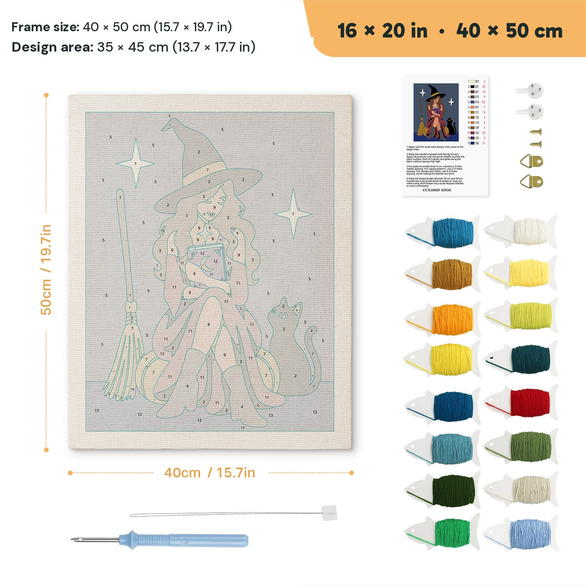 Witch with a Spell Book punch needle kit, 16 × 20 in (40 × 50 cm): canvas size and kit contents