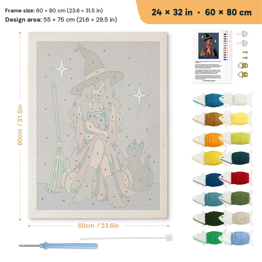 Witch with a Spell Book punch needle kit, 24 × 32 in (60 × 80 cm): canvas size and kit contents