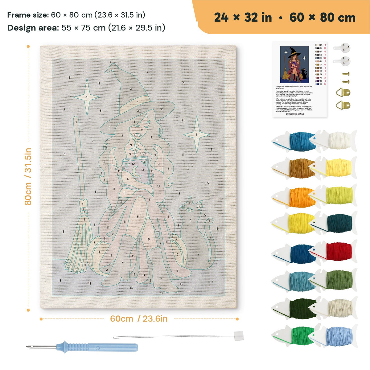 Witch with a Spell Book punch needle kit, 24 × 32 in (60 × 80 cm): canvas size and kit contents