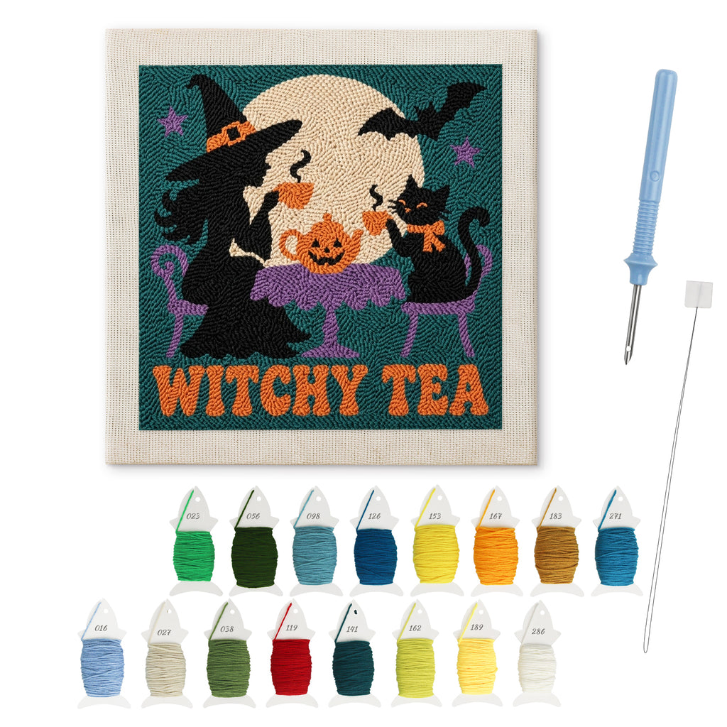 Witchy Tea punch needle kit: finished canvas with threads, punch needle and threader