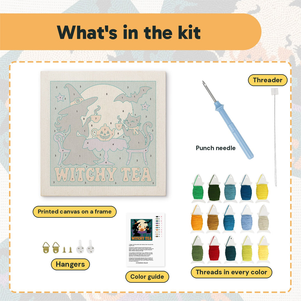 What is in the Witchy Tea kit: printed canvas, punch needle, threader, threads, color guide and hangers