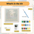 What is in the Witchy Tea kit: printed canvas, punch needle, threader, threads, color guide and hangers