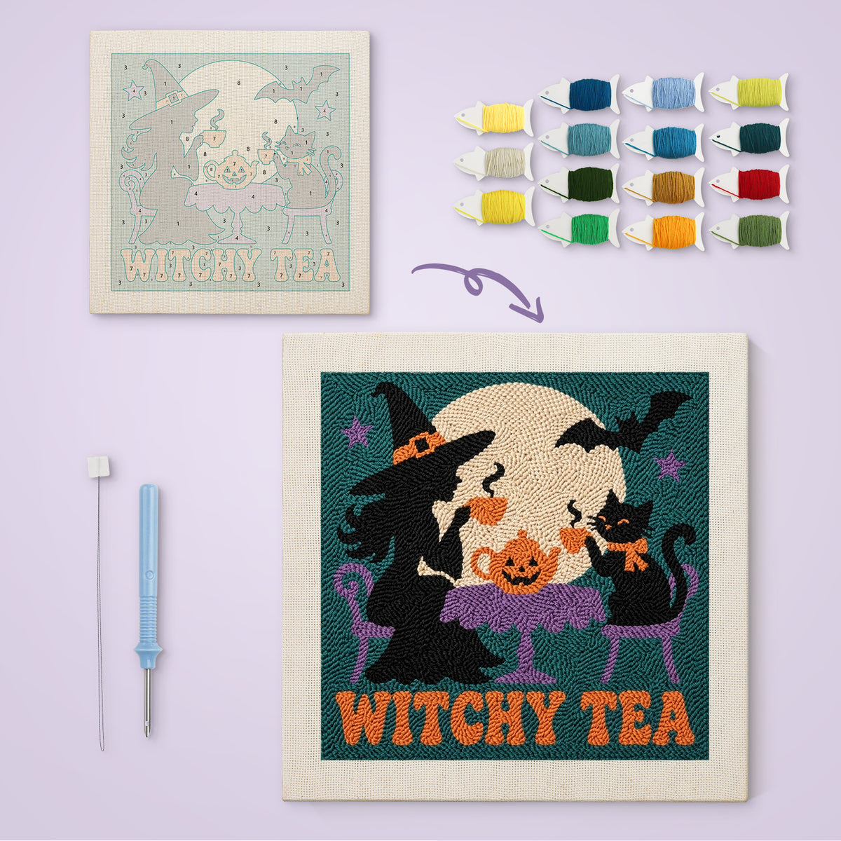 Witchy Tea canvas before and after punching, with the threads and tools