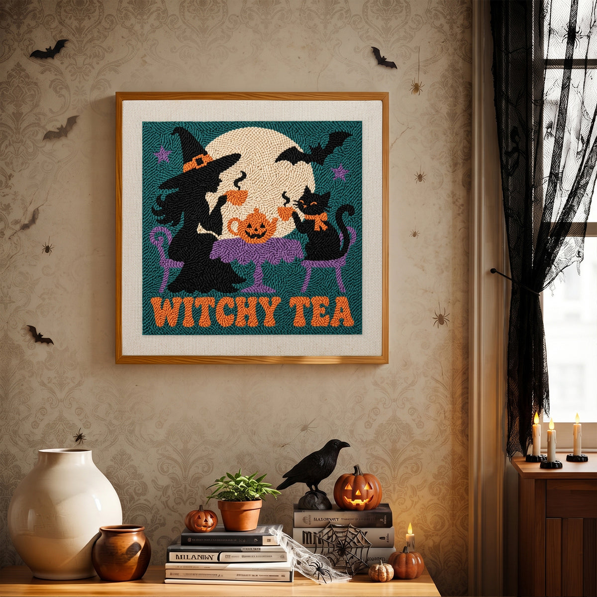 Finished Witchy Tea punch needle canvas on a wall