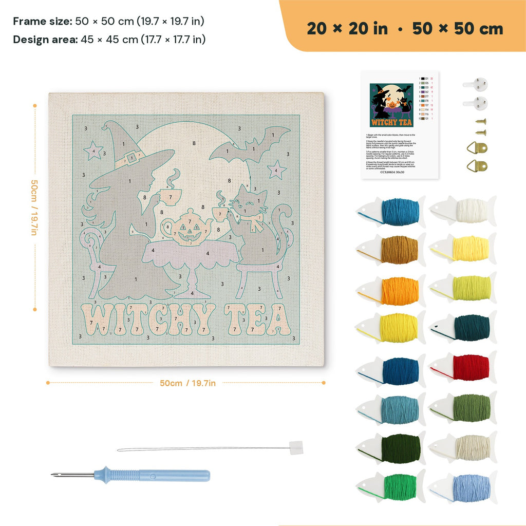 Witchy Tea punch needle kit, 20 × 20 in (50 × 50 cm): canvas size and kit contents