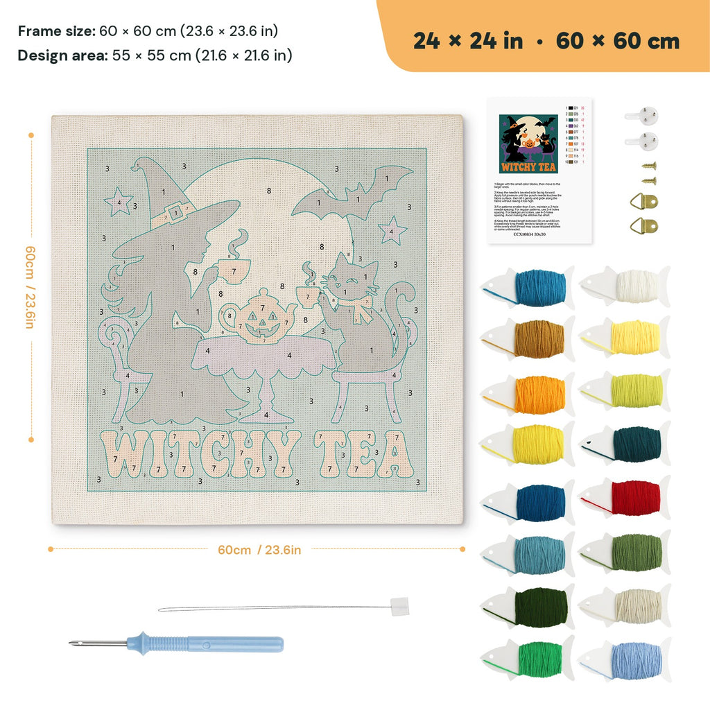 Witchy Tea punch needle kit, 24 × 24 in (60 × 60 cm): canvas size and kit contents