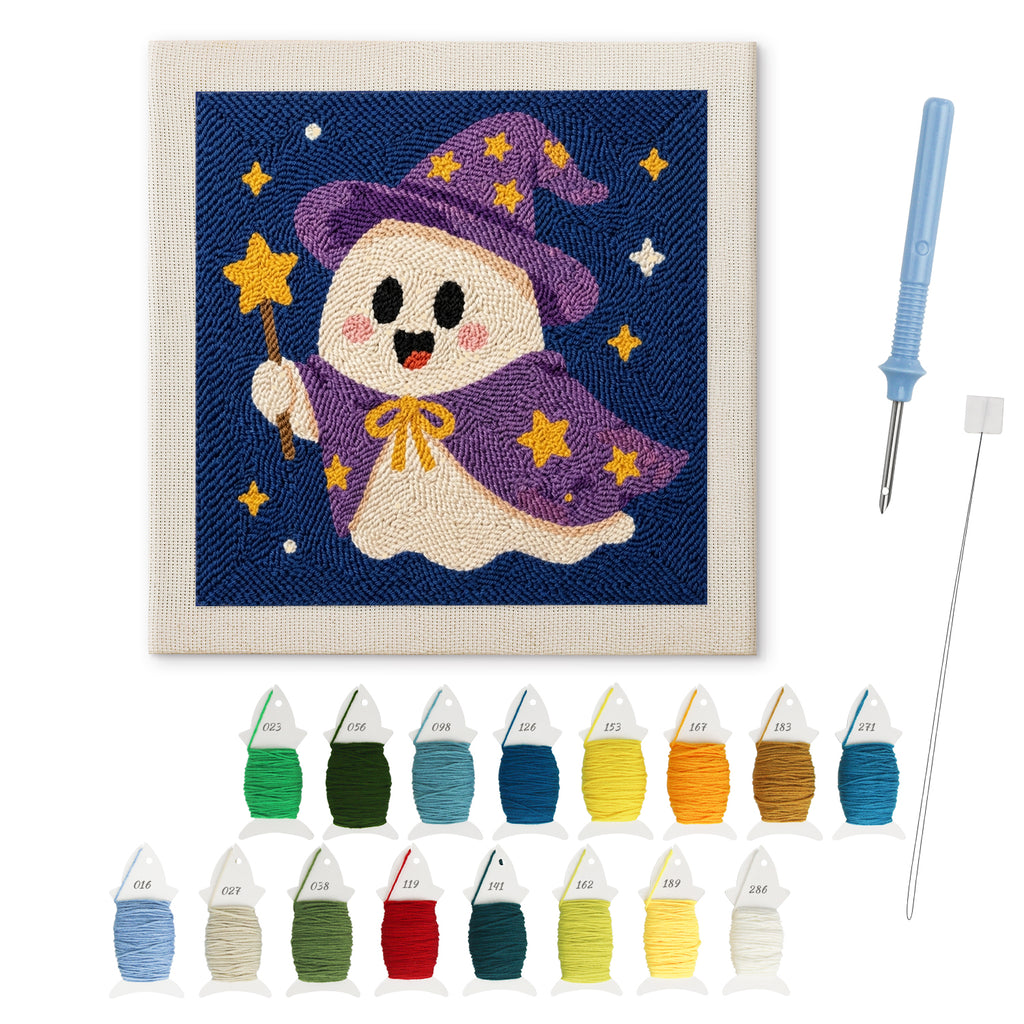 Wizard Ghost punch needle kit: finished canvas with threads, punch needle and threader
