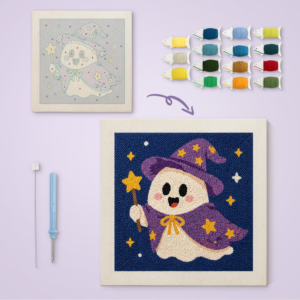 Wizard Ghost canvas before and after punching, with the threads and tools