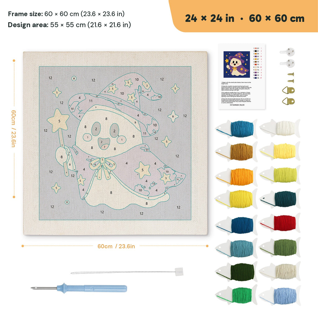 Wizard Ghost punch needle kit, 24 × 24 in (60 × 60 cm): canvas size and kit contents