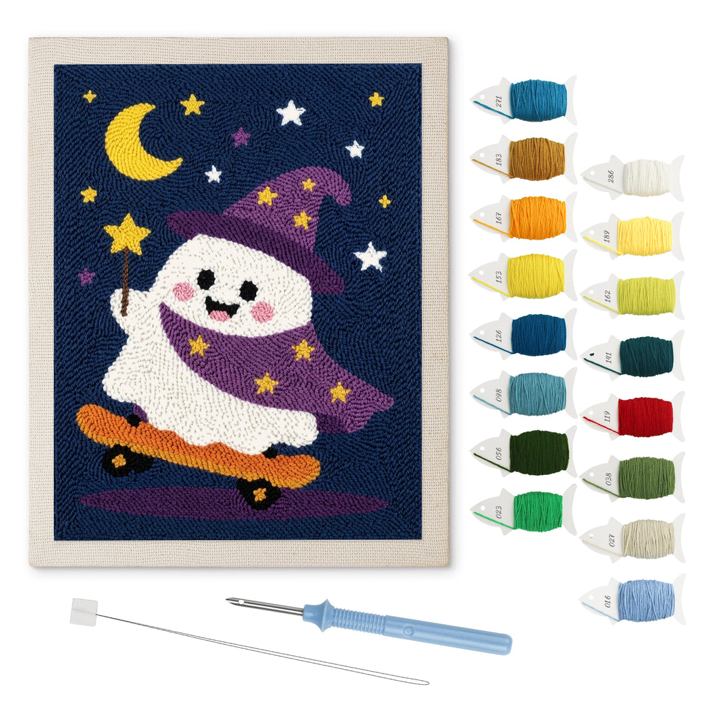 Wizard Ghost Skater punch needle kit: finished canvas with threads, punch needle and threader