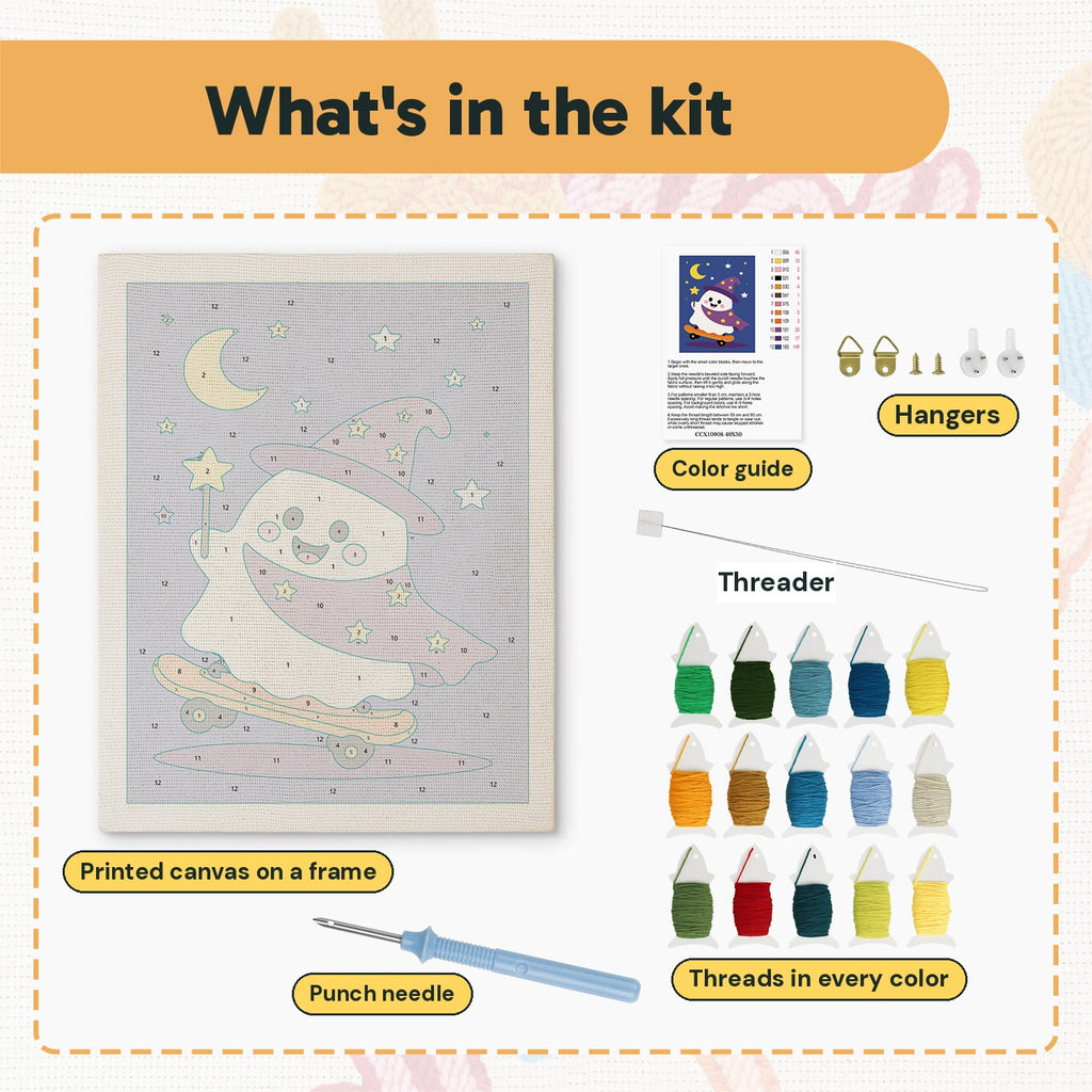 What is in the Wizard Ghost Skater kit: printed canvas, punch needle, threader, threads, color guide and hangers
