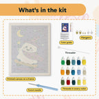 What is in the Wizard Ghost Skater kit: printed canvas, punch needle, threader, threads, color guide and hangers