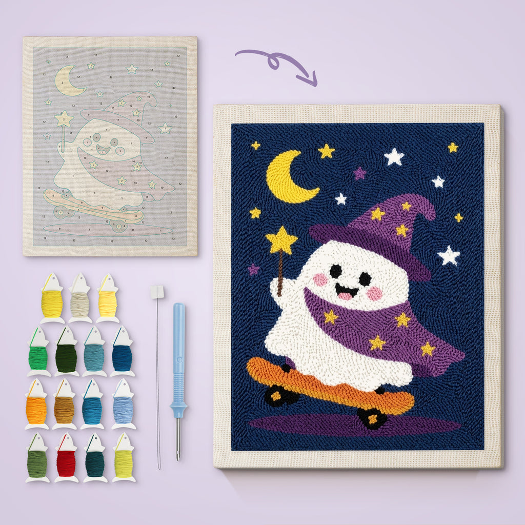 Wizard Ghost Skater canvas before and after punching, with the threads and tools