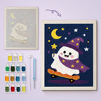 Wizard Ghost Skater canvas before and after punching, with the threads and tools