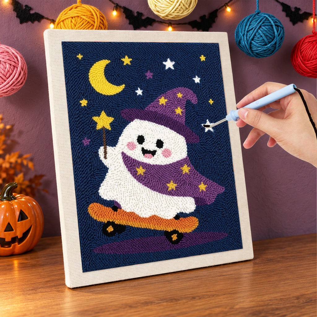 Punching the Wizard Ghost Skater design with the punch needle