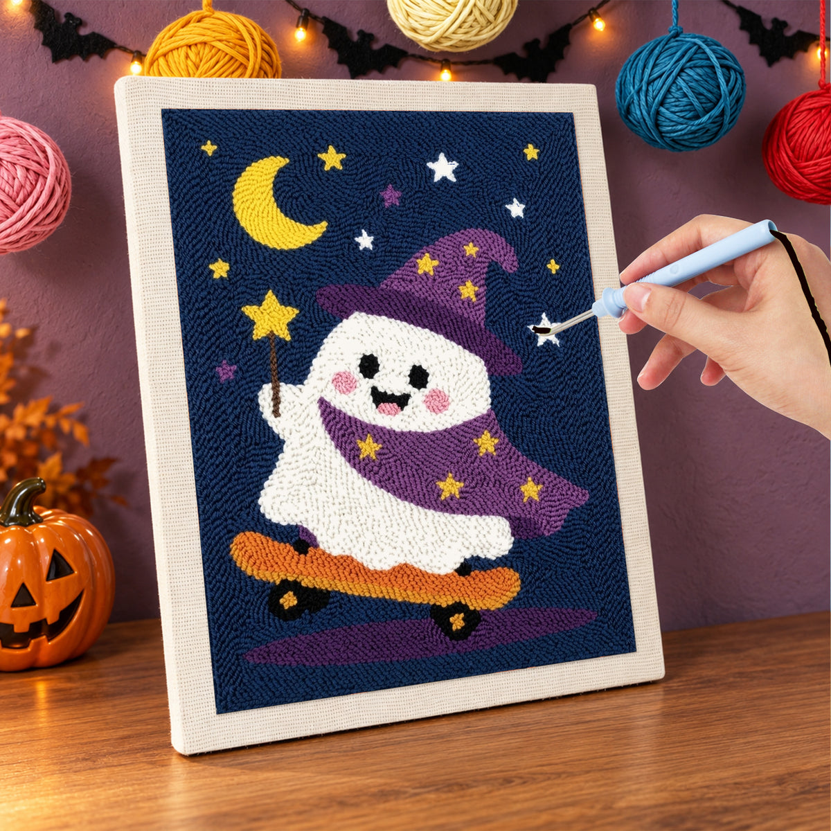 Punching the Wizard Ghost Skater design with the punch needle