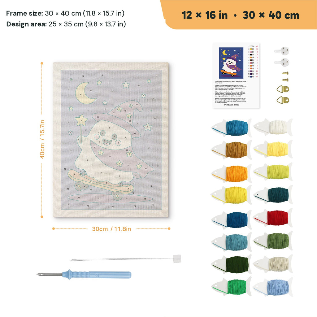 Wizard Ghost Skater punch needle kit, 12 × 16 in (30 × 40 cm): canvas size and kit contents