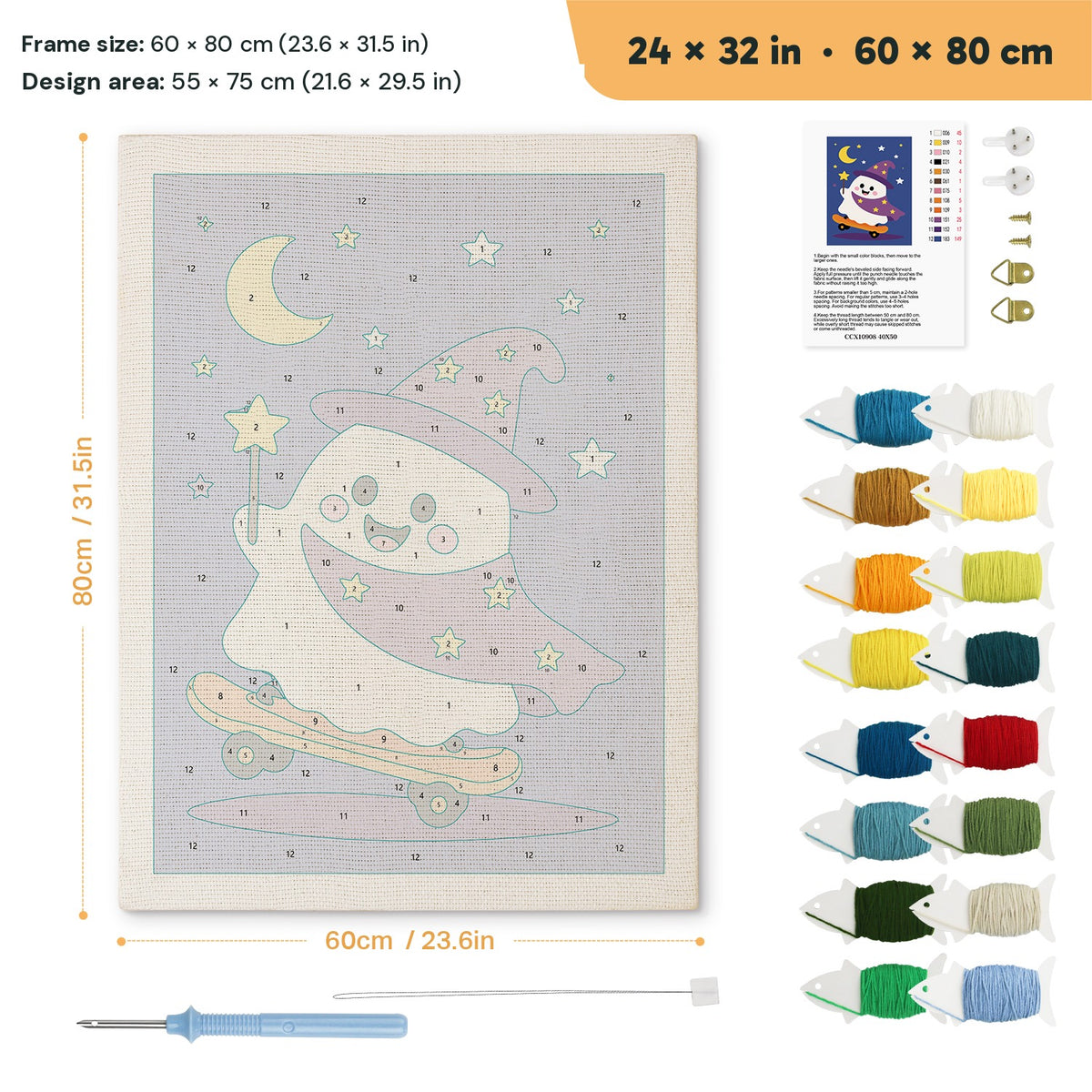 Wizard Ghost Skater punch needle kit, 24 × 32 in (60 × 80 cm): canvas size and kit contents