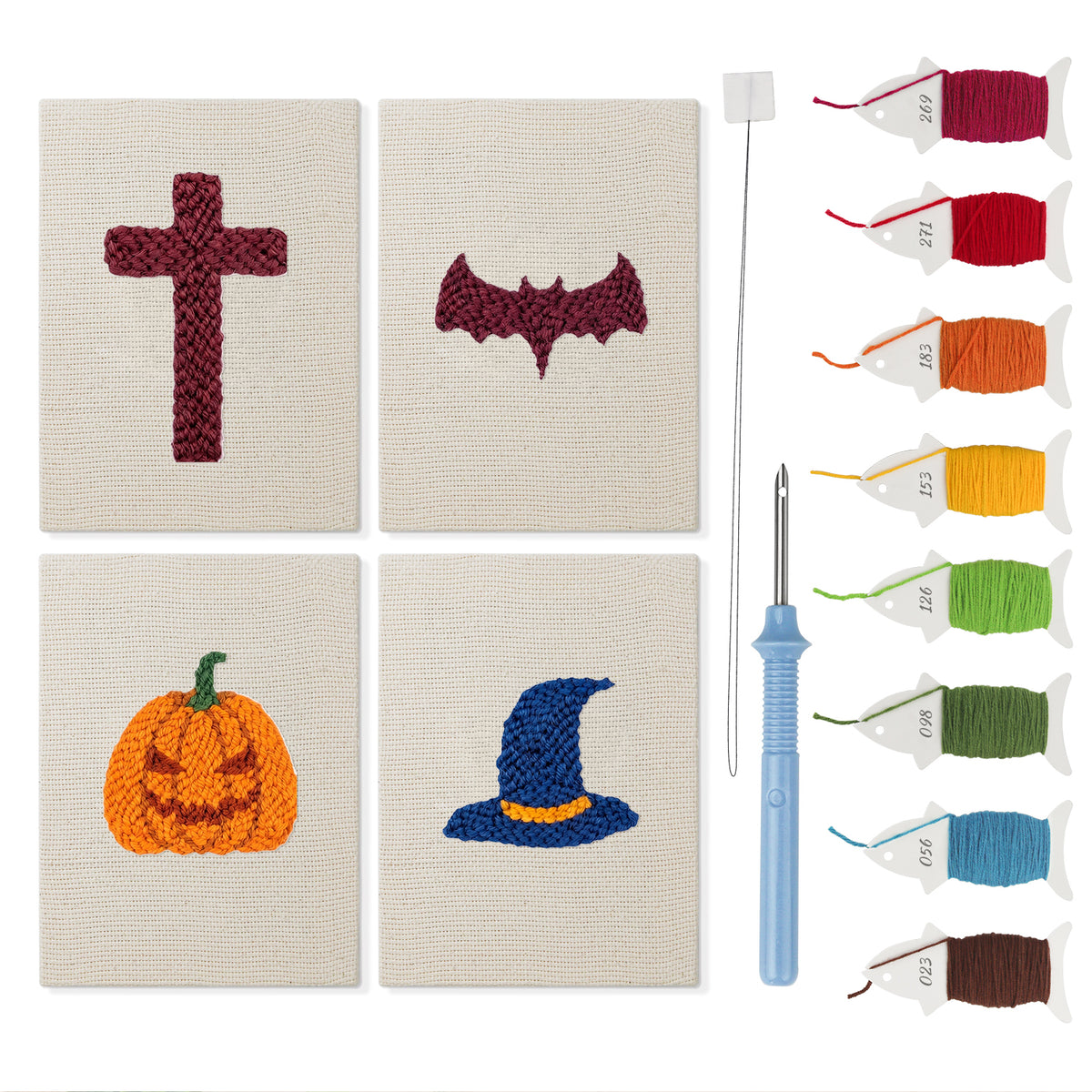 Wizard Hat Pumpkin mini punch needle kit set: four finished canvases with threads, punch needle and threader