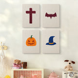 The four Wizard Hat Pumpkin mini canvases on a wall above a shelf