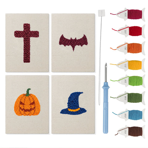 Wizard Hat Pumpkin mini punch needle kit set: four finished canvases with threads, punch needle and threader
